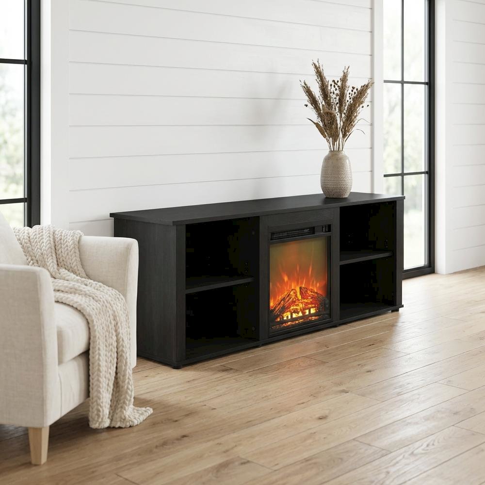 Wood TV Stand with Fireplace, Americano Finish, 70-Inch Wide