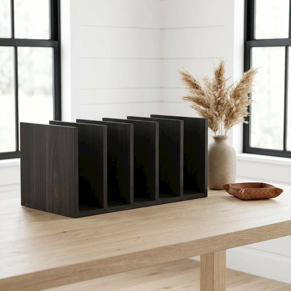 Brown desktop bookshelf with storage organizer, composite wood construction