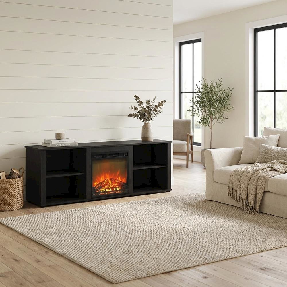 Wood TV Stand with Fireplace, Americano Finish, 70-Inch Wide