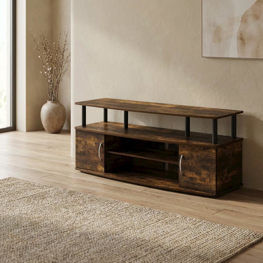 Black Amber Pine Large Entertainment Center with Spacious Storage