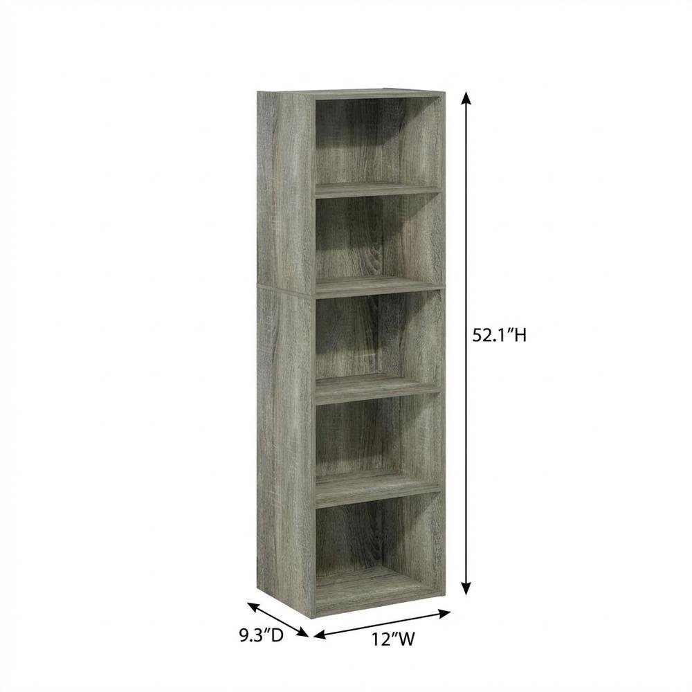 Rustic French Oak 5-Tier Open Shelf Bookcase with Durable Wood Construction
