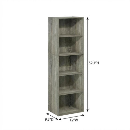 Rustic French Oak 5-Tier Open Shelf Bookcase with Durable Wood Construction