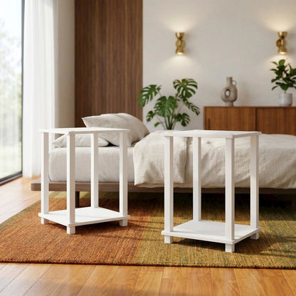 White Nightstand Set with Wooden Finish and Modern Design
