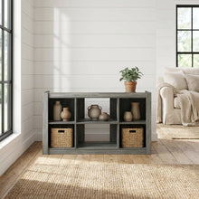 Wooden TV stand, open shelves, storage compartments, French Oak Grey finish