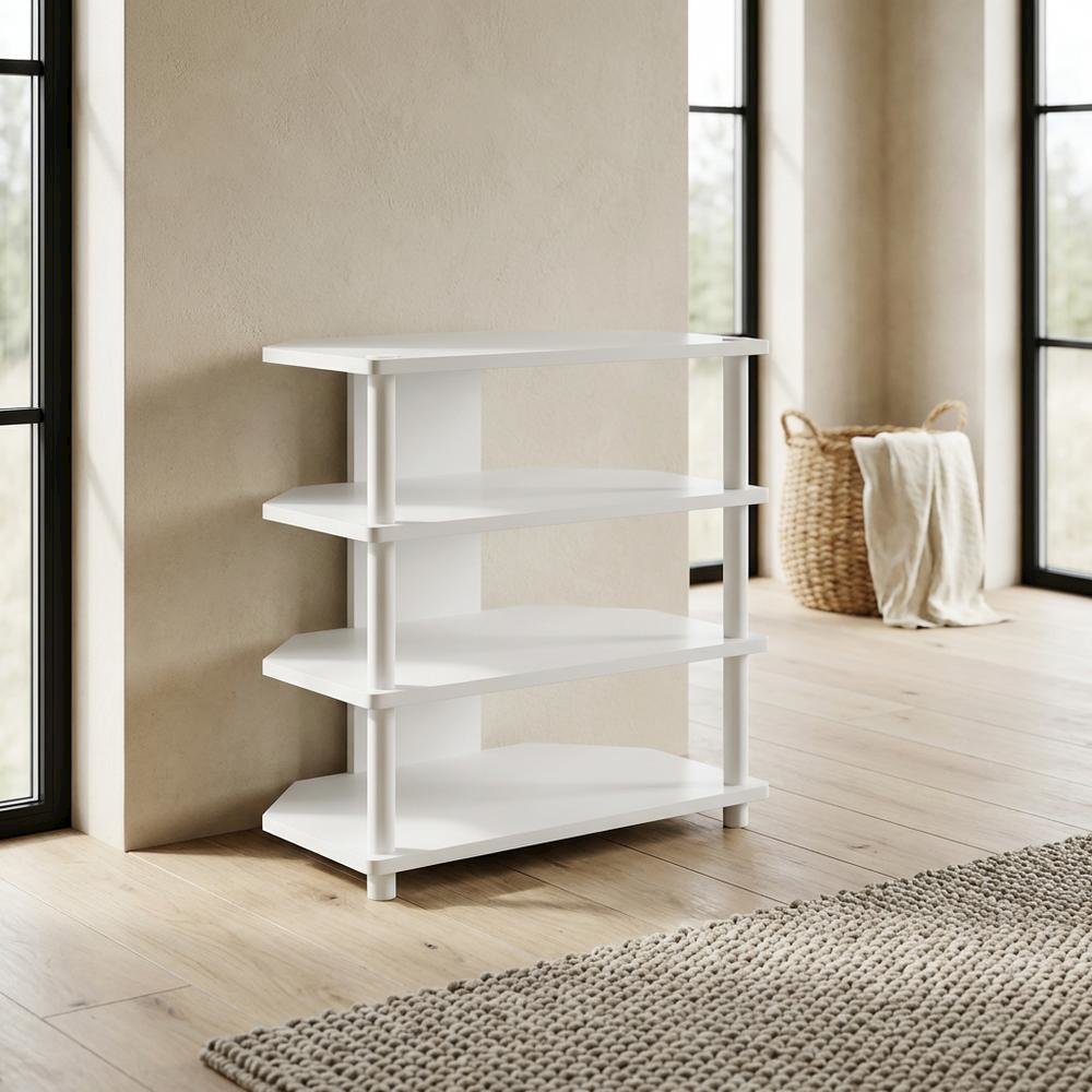 White 4-Tier Petite TV Stand with Easy Assembly and Solid Wood Construction