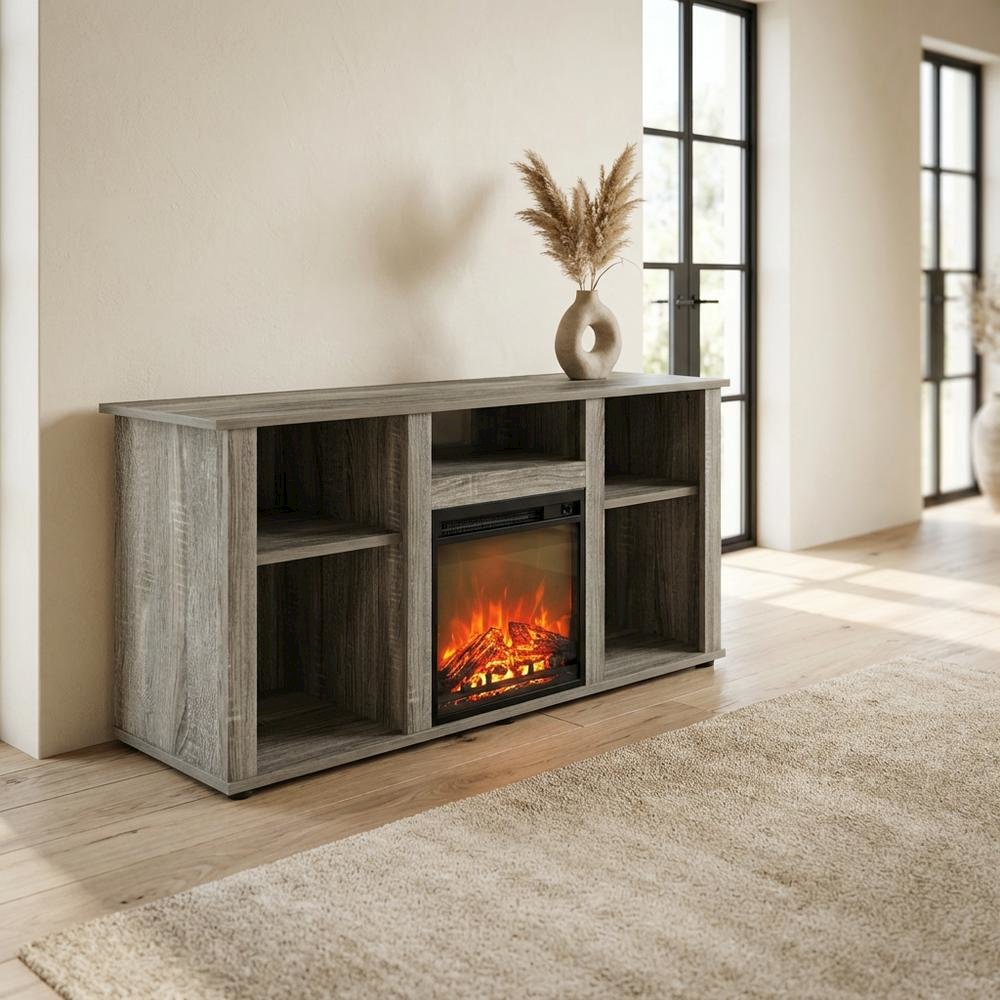 Gray Fireplace TV Stand with Open Storage for Up to 55-Inch Flat Screens