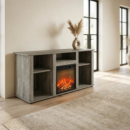 Gray Fireplace TV Stand with Open Storage for Up to 55-Inch Flat Screens