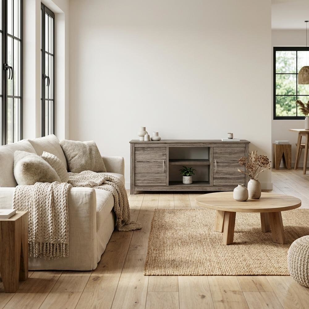 Wooden TV stand with rustic oak finish for up to 65-inch screens, ample storage