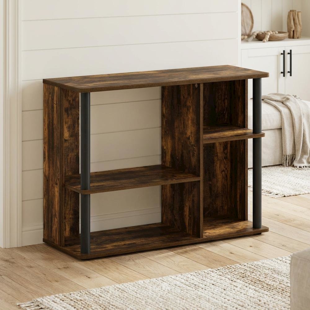 Wooden TV stand with amber pine and black finish, holds up to 40-inch screens
