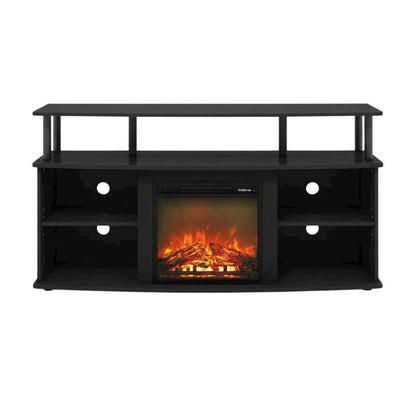 Brown open shelving entertainment center, ample TV storage, up to 55 inches