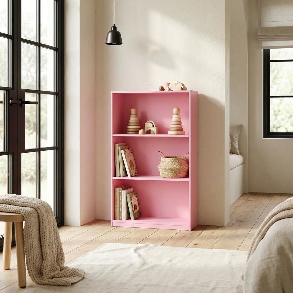 Pink 3-Tier Bookcase with Multi-Level Storage and Sturdy Wood Construction