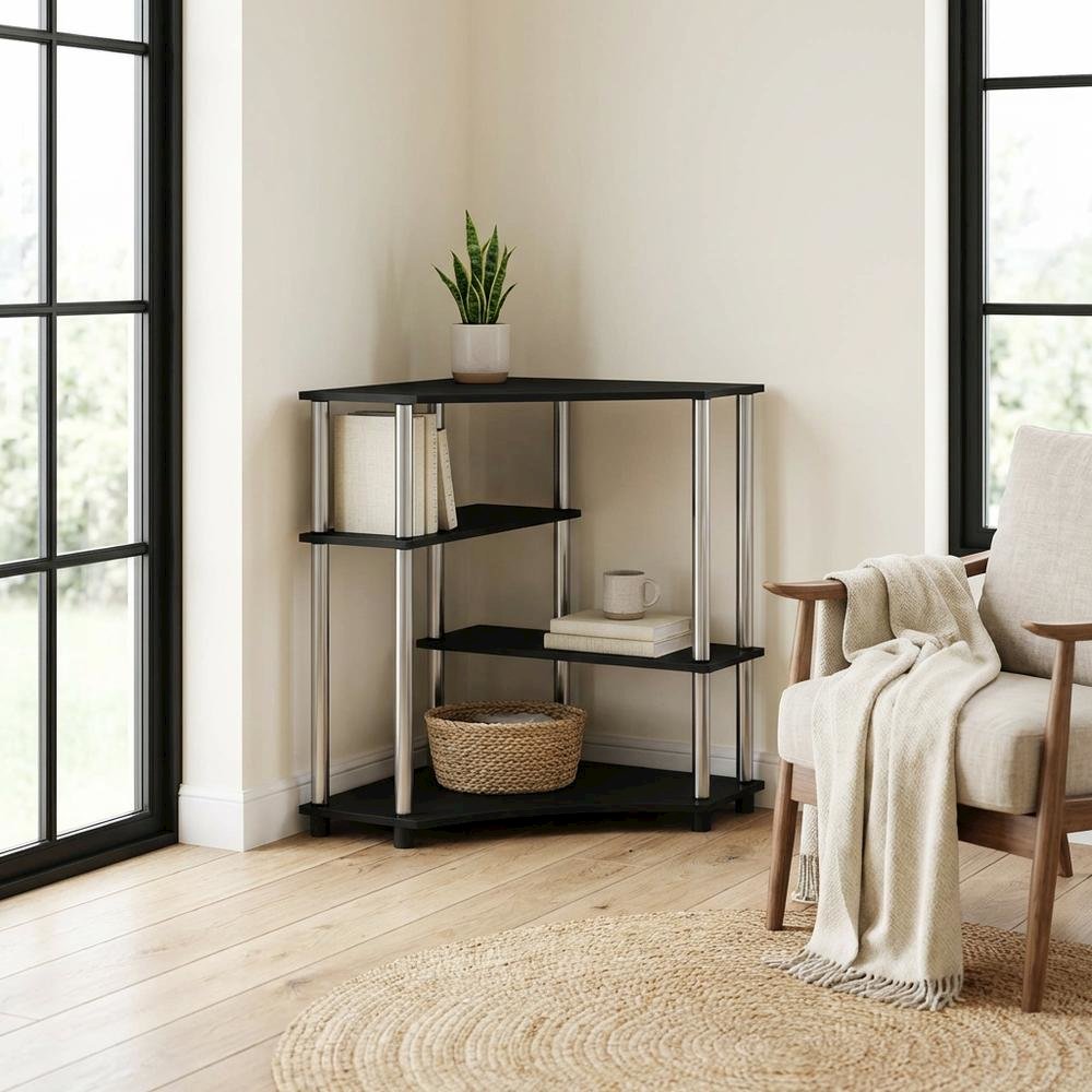 Corner Desk With Shelves In Brown And Stainless Steel For Home Office Use