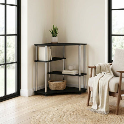 Corner Desk With Shelves In Brown And Stainless Steel For Home Office Use