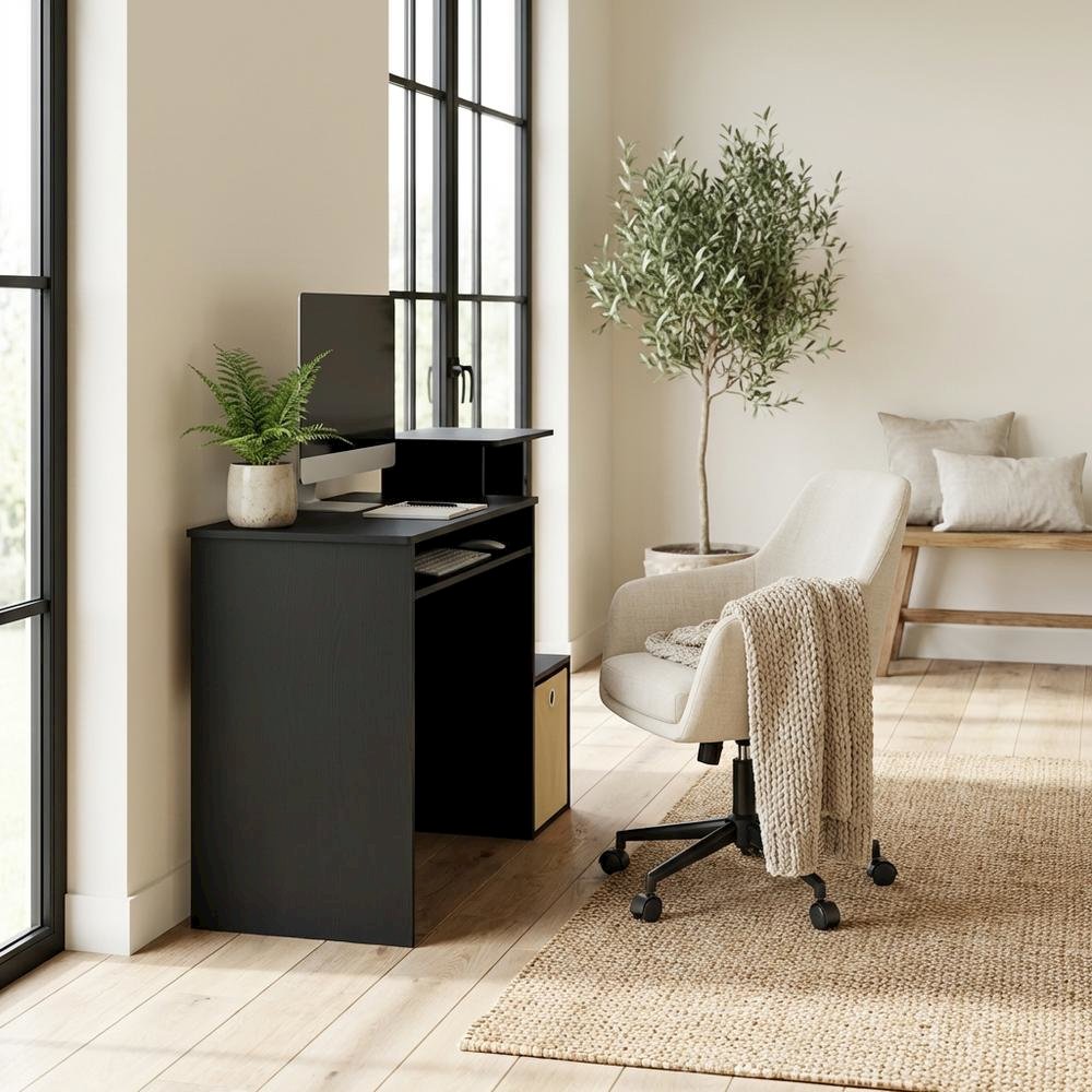 Black multipurpose home office desk with storage bin and sturdy construction