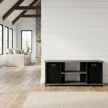 Wood Entertainment Center with Storage Bins in French Oak and Black Finish