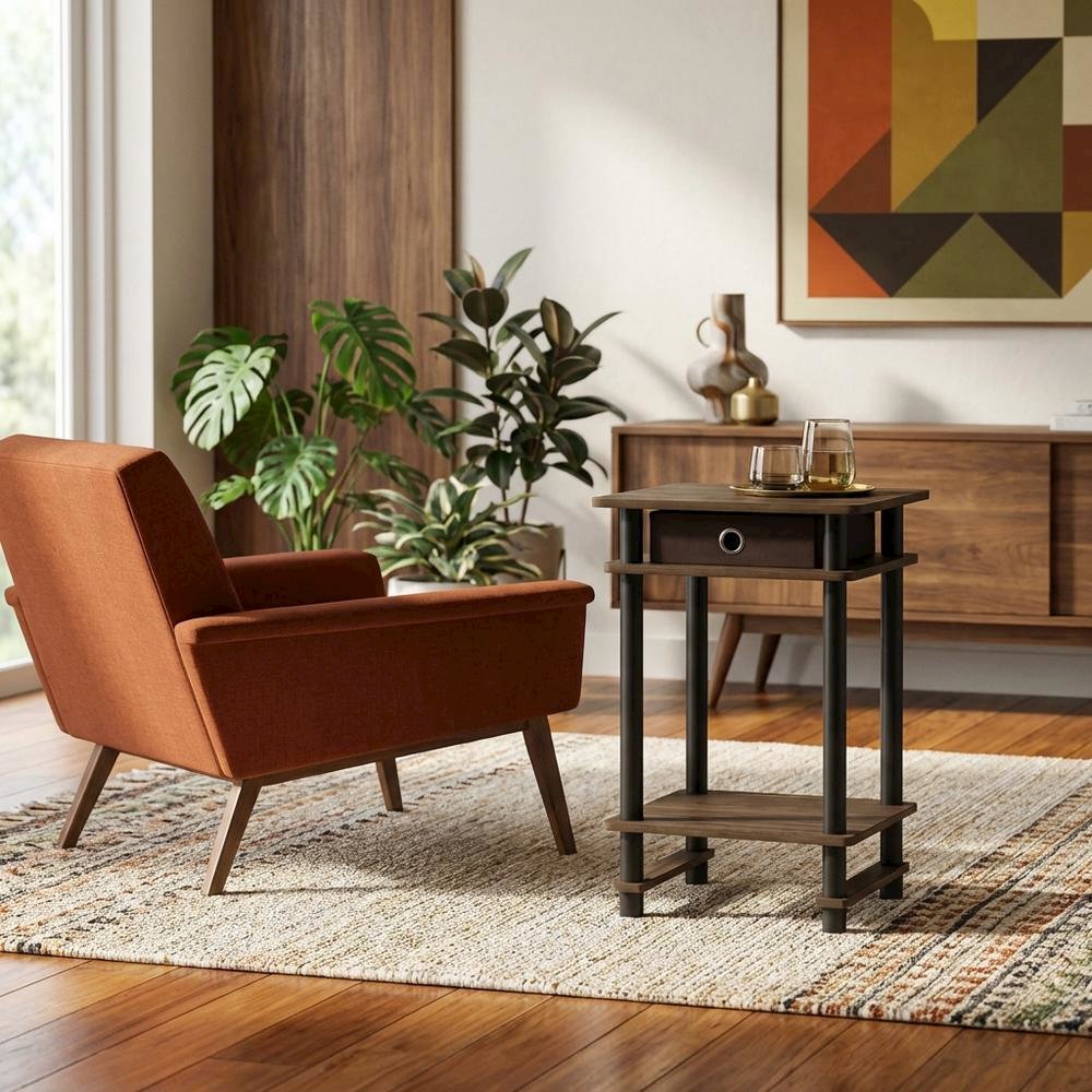 Dark Brown end table with storage bin, Columbia Walnut finish