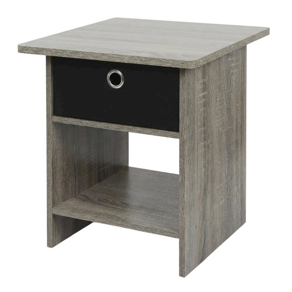 French Oak and Black Finish Nightstand with Storage Shelf and Bin Drawer