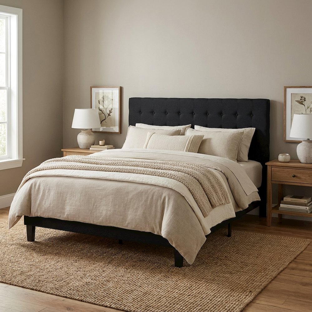 Plain Black Tufted King Headboard with Simple Design and Durable Construction