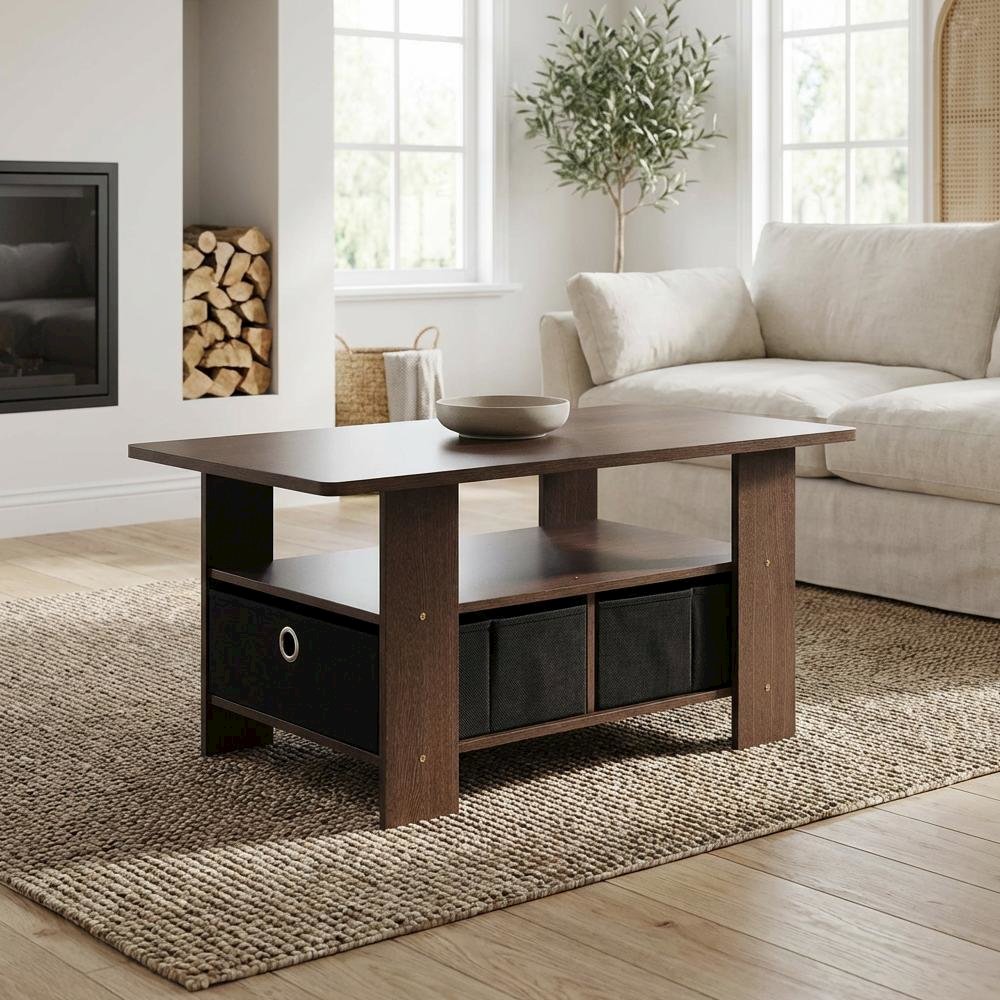Coffee Table Dark Brown Black with Bin Drawer and Storage Compartment