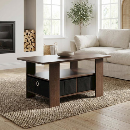 Coffee Table Dark Brown Black with Bin Drawer and Storage Compartment