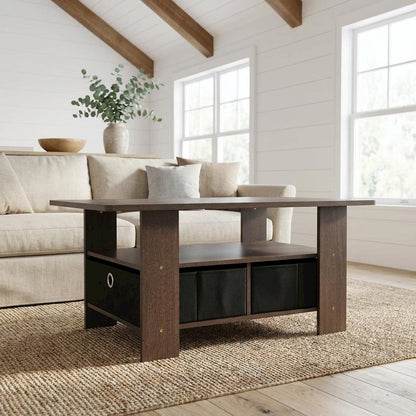 Coffee Table Dark Brown Black with Bin Drawer and Storage Compartment