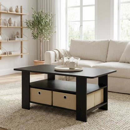Coffee Table Espresso Brown with Bin Drawer and Sturdy Wood Construction