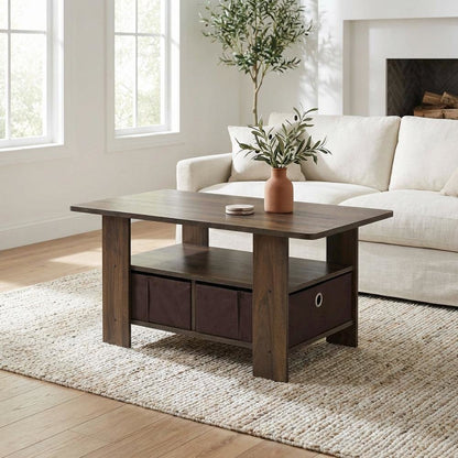 Columbia Walnut Dark Brown Coffee Table with Bin Drawer and Storage Compartment