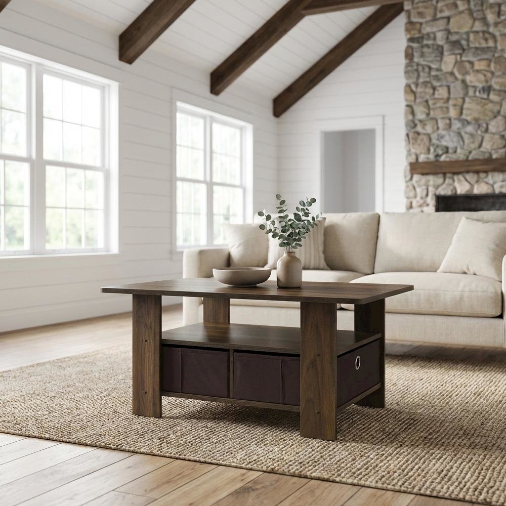 Columbia Walnut Dark Brown Coffee Table with Bin Drawer and Storage Compartment