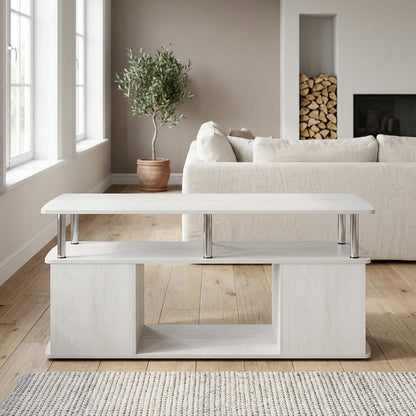 White Oak Coffee Table with Stainless Steel Tubes and Utility Design