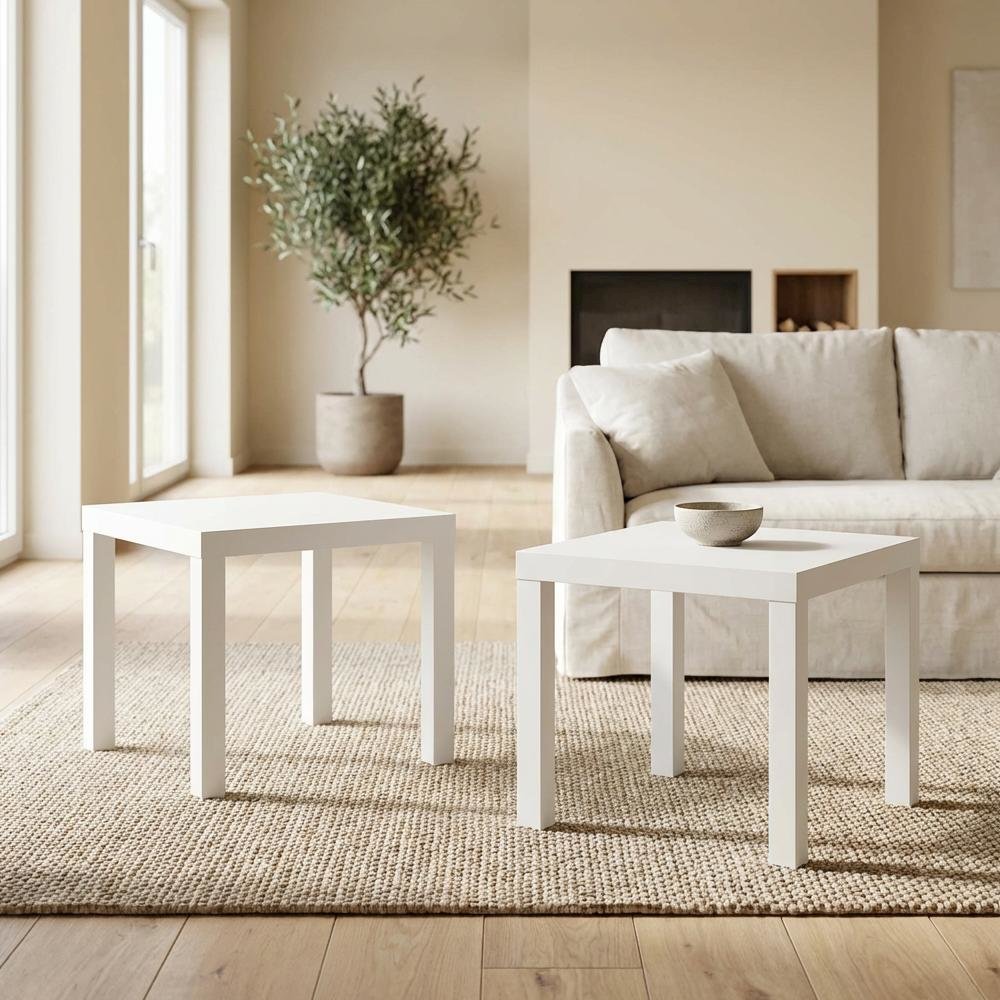 White 2-Piece Square Coffee and Side Table Set with Minimalist Design