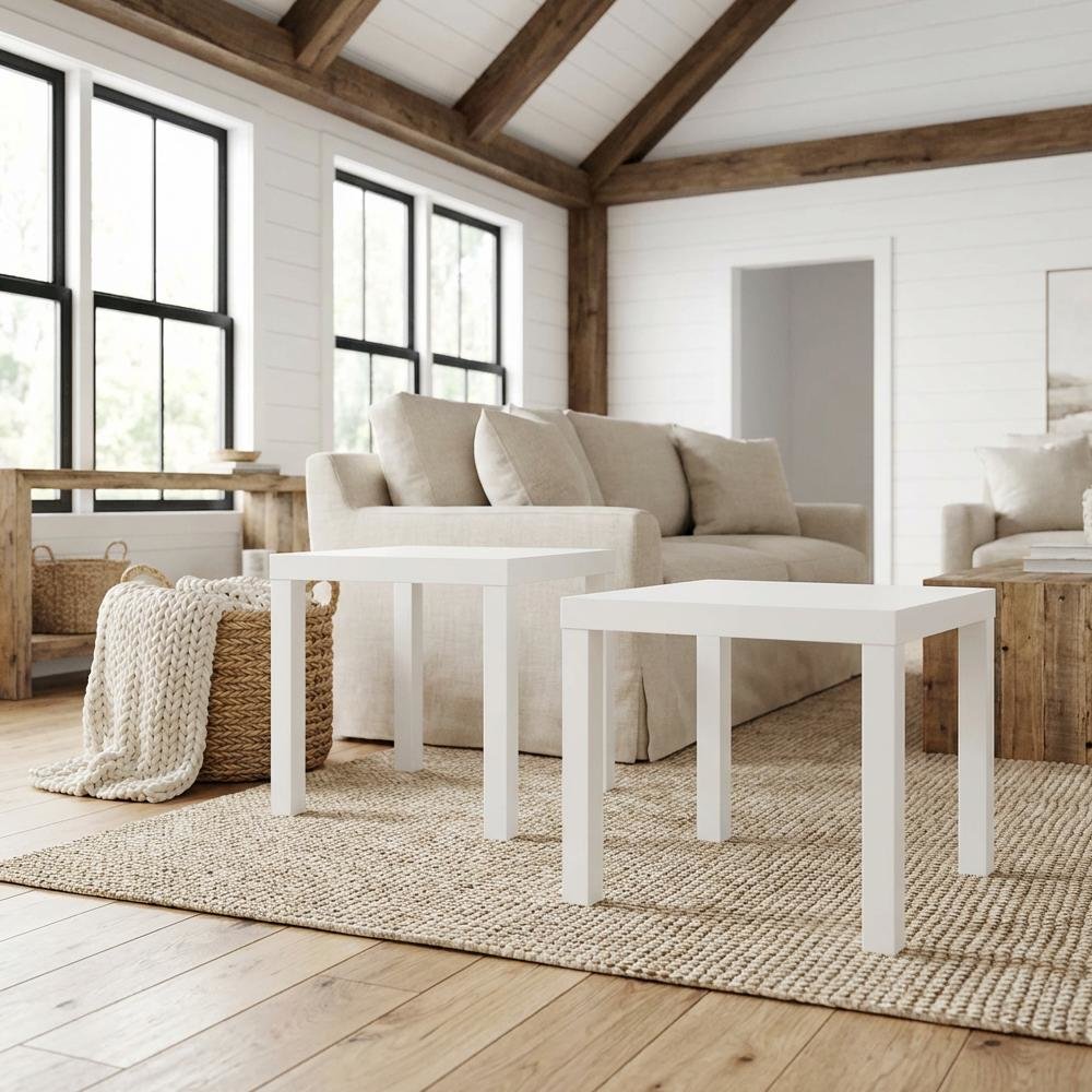 White 2-Piece Square Coffee and Side Table Set with Minimalist Design