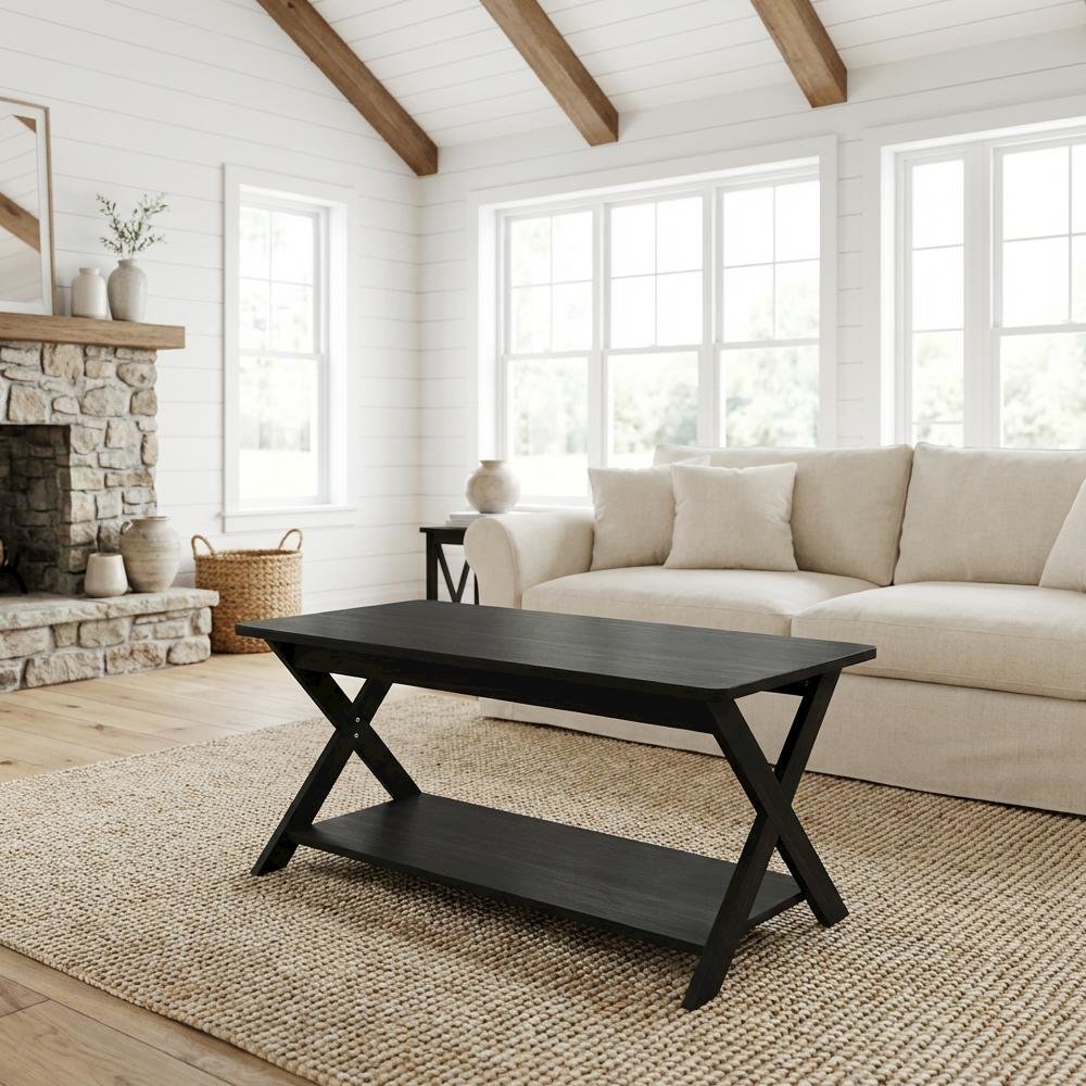 Black Espresso Coffee Table with Storage and X-Shaped Legs, Single Piece
