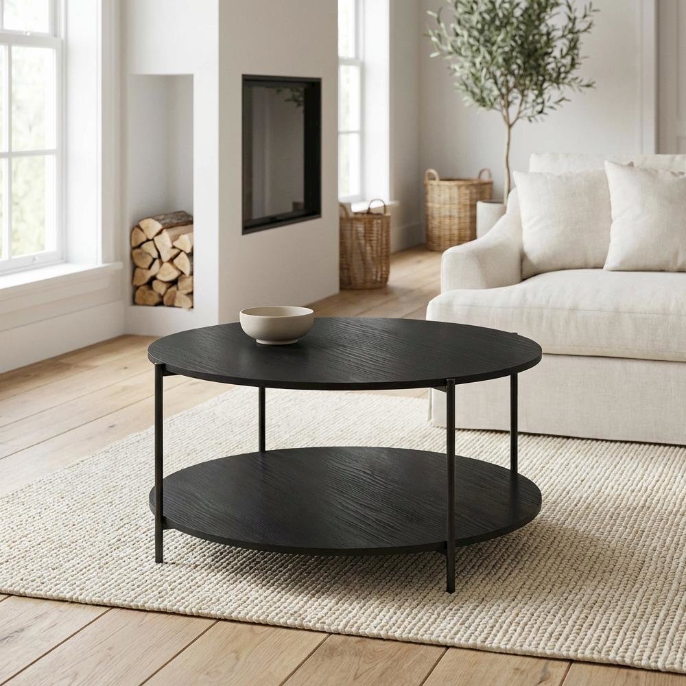 Dark Americano 2-Tier Round Coffee Table with Storage Shelf and Metal Legs