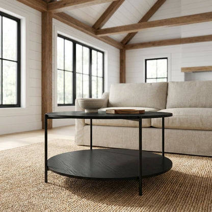 Dark Americano 2-Tier Round Coffee Table with Storage Shelf and Metal Legs
