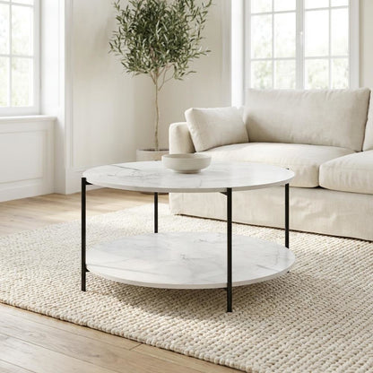 Light Marble 2-Tier Round Coffee Table with Storage Shelf and Metal Legs