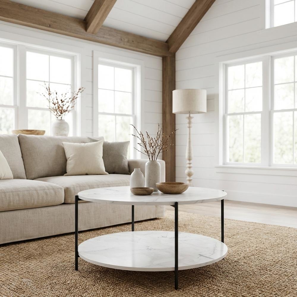 Light Marble 2-Tier Round Coffee Table with Storage Shelf and Metal Legs