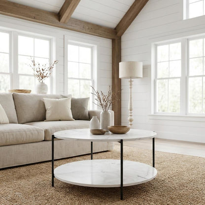 Light Marble 2-Tier Round Coffee Table with Storage Shelf and Metal Legs