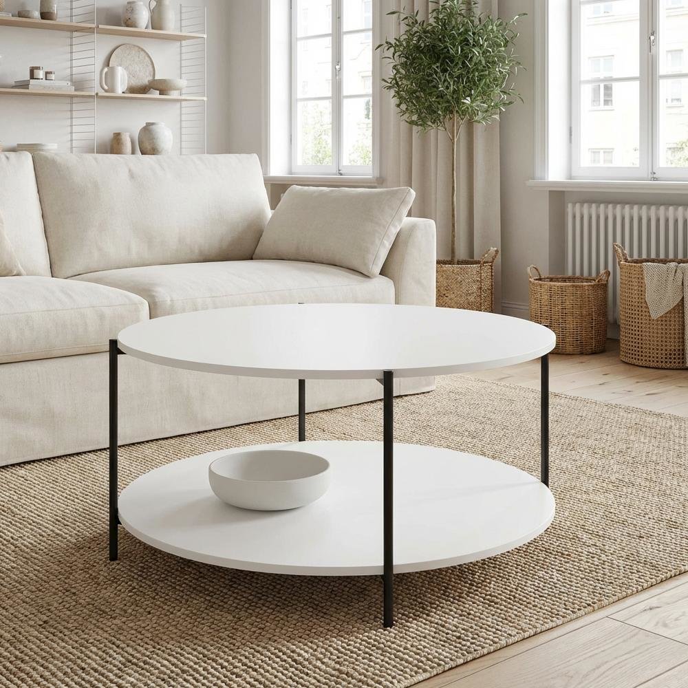 Plain White 2-Tier Round Coffee Table with Storage Shelf and Metal Legs