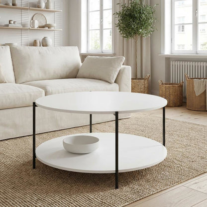 Plain White 2-Tier Round Coffee Table with Storage Shelf and Metal Legs