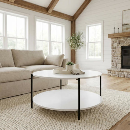 Plain White 2-Tier Round Coffee Table with Storage Shelf and Metal Legs