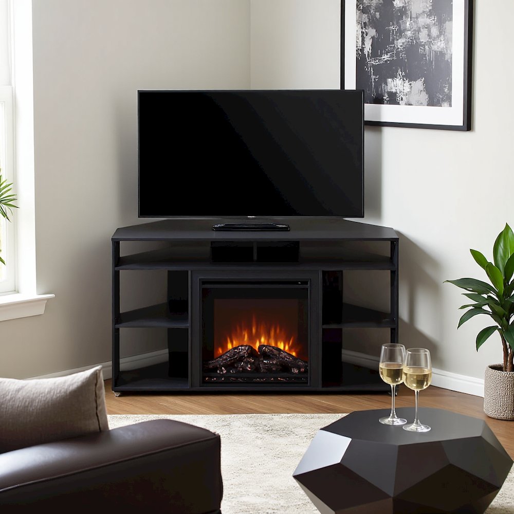 Black 55 Inch Fireplace TV Stand with Five Shelves and Electric Flame Display