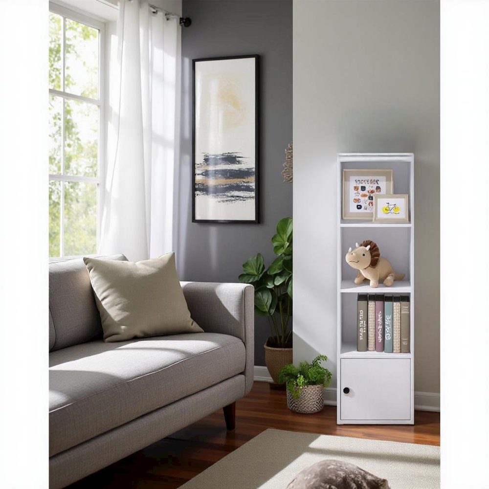 White Wooden Book Shelf with Wooden Shelves and Lower Cabinet for Storage