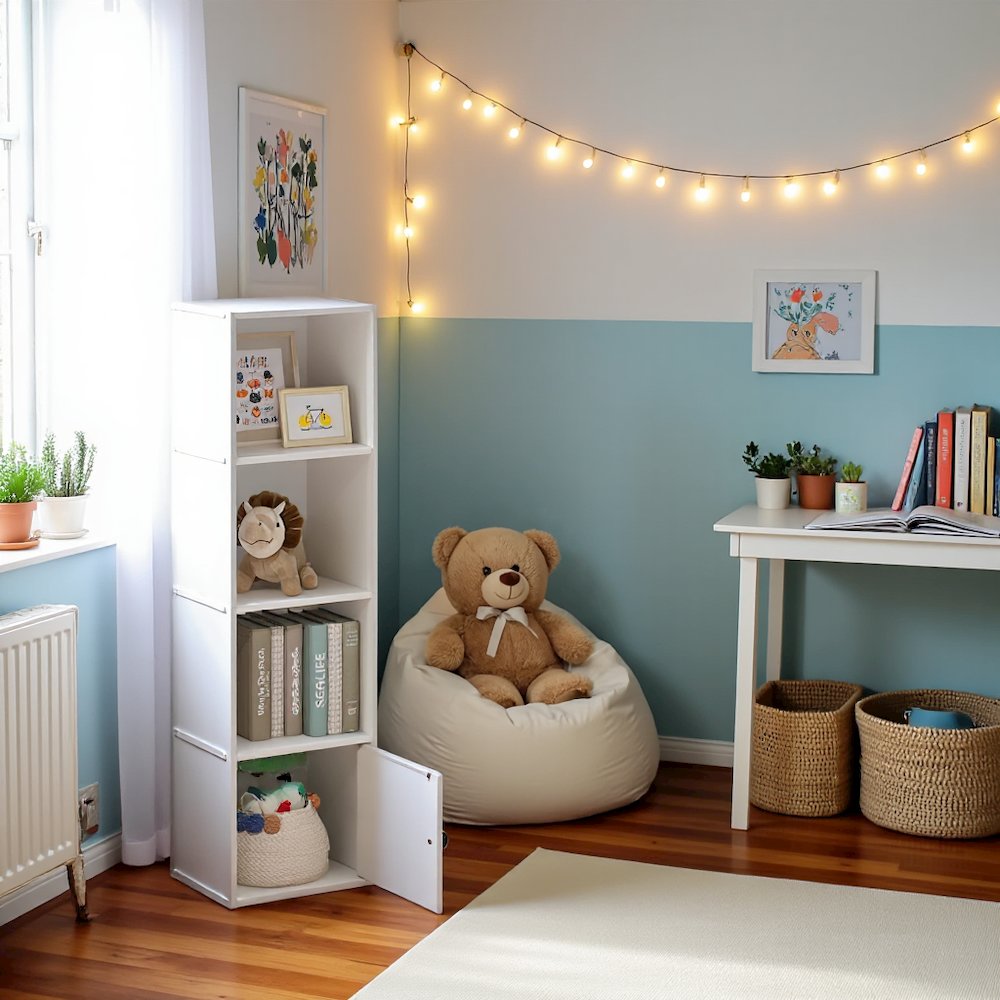 White Wooden Book Shelf with Wooden Shelves and Lower Cabinet for Storage