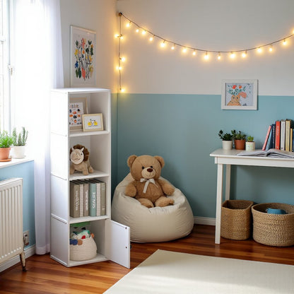 White Wooden Book Shelf with Wooden Shelves and Lower Cabinet for Storage