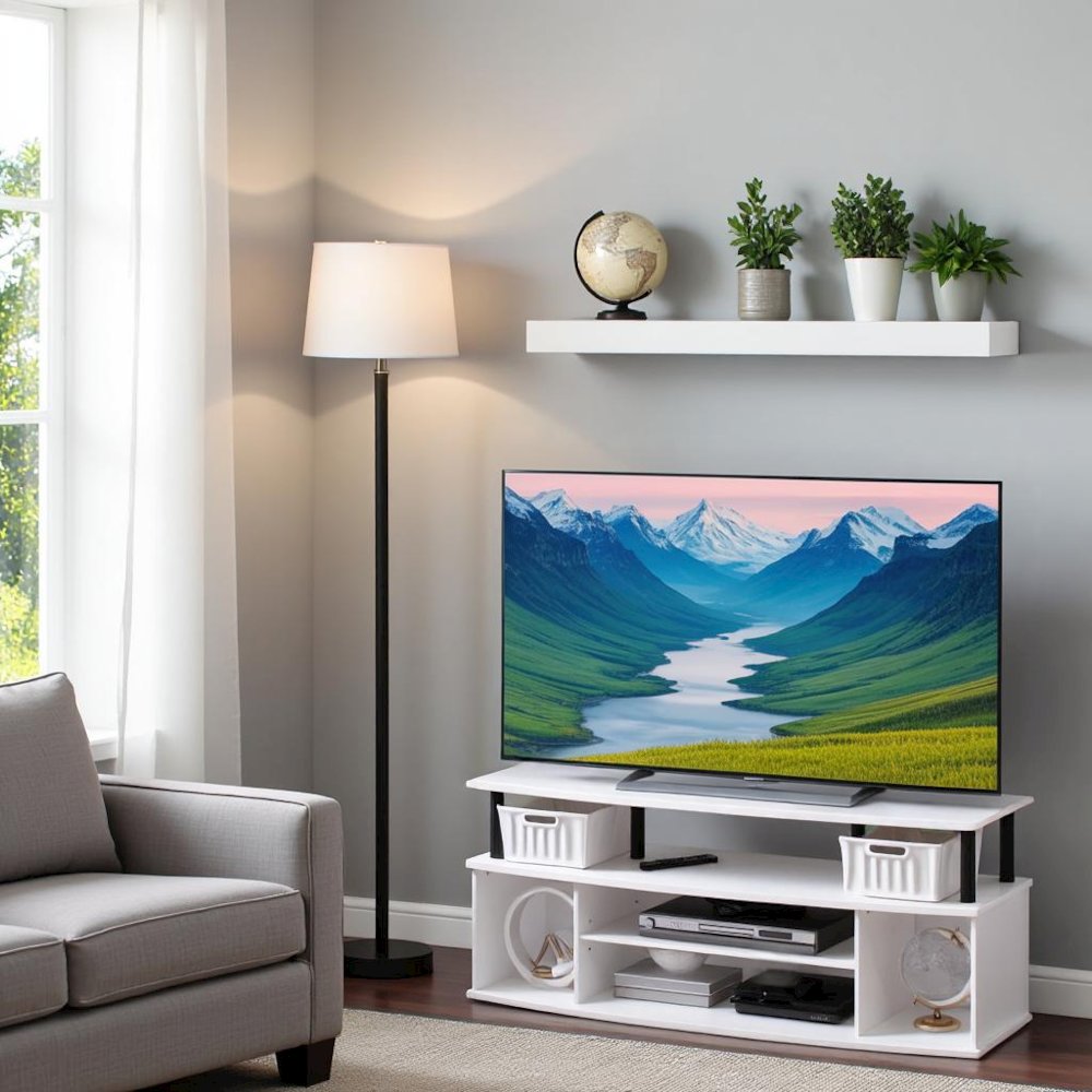 White 55 Inch TV Stand with 3 Shelves and 2 Cabinets Modern TV Console