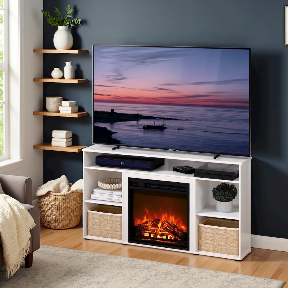 White TV Stand with Fireplace Insert and Six Open Shelves for 55 Inch Displays