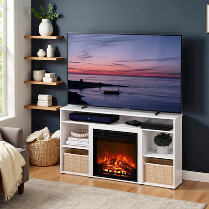 White TV Stand with Fireplace Insert and Six Open Shelves for 55 Inch Displays