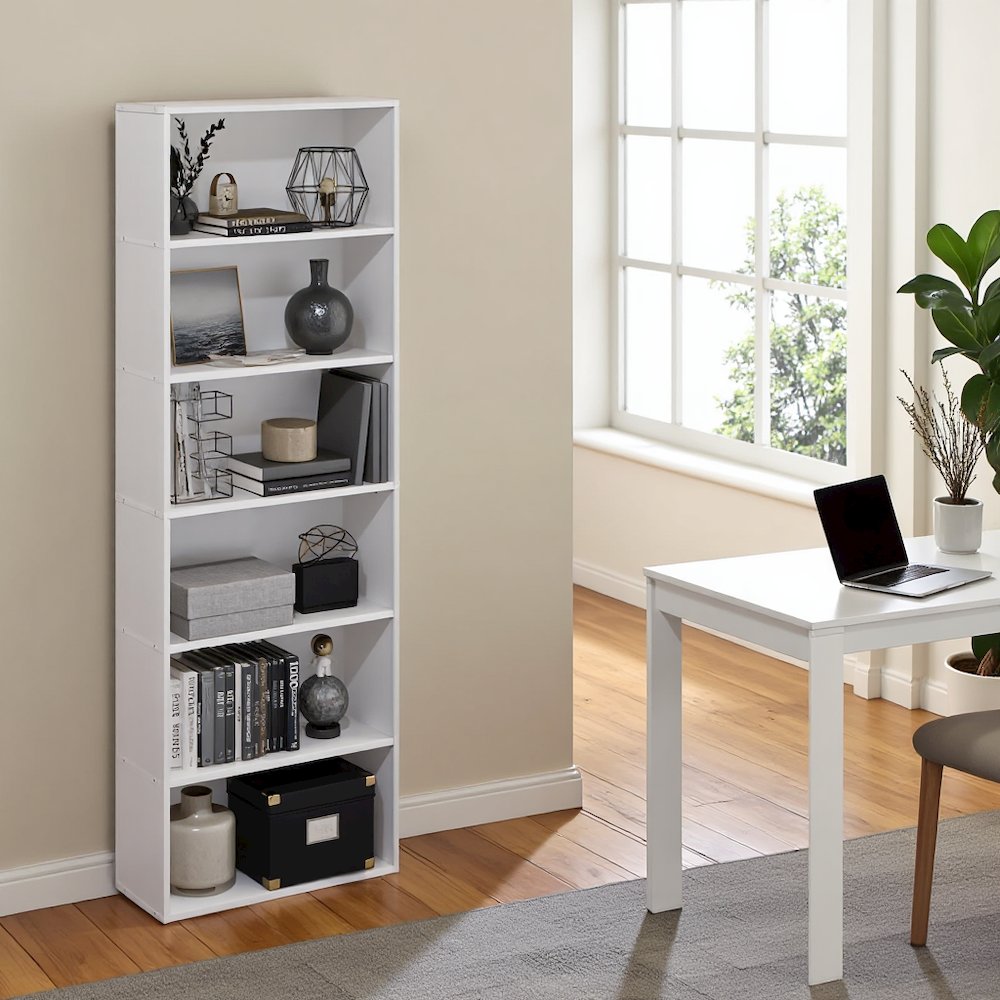 White Wooden Book Shelf with Six Tiers of Wooden Shelves for Home Storage