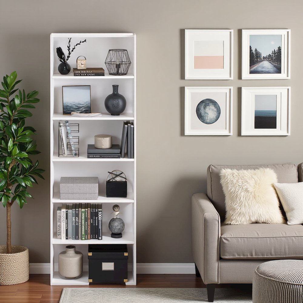 White Wooden Book Shelf with Six Tiers of Wooden Shelves for Home Storage