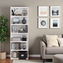 White Wooden Book Shelf with Six Tiers of Wooden Shelves for Home Storage